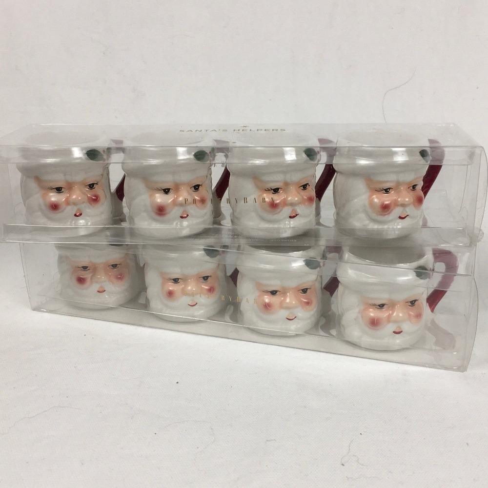 NIB Pottery‎ Barn Santa Shot Mugs Christmas Figural Santa's Helpers Set of 8